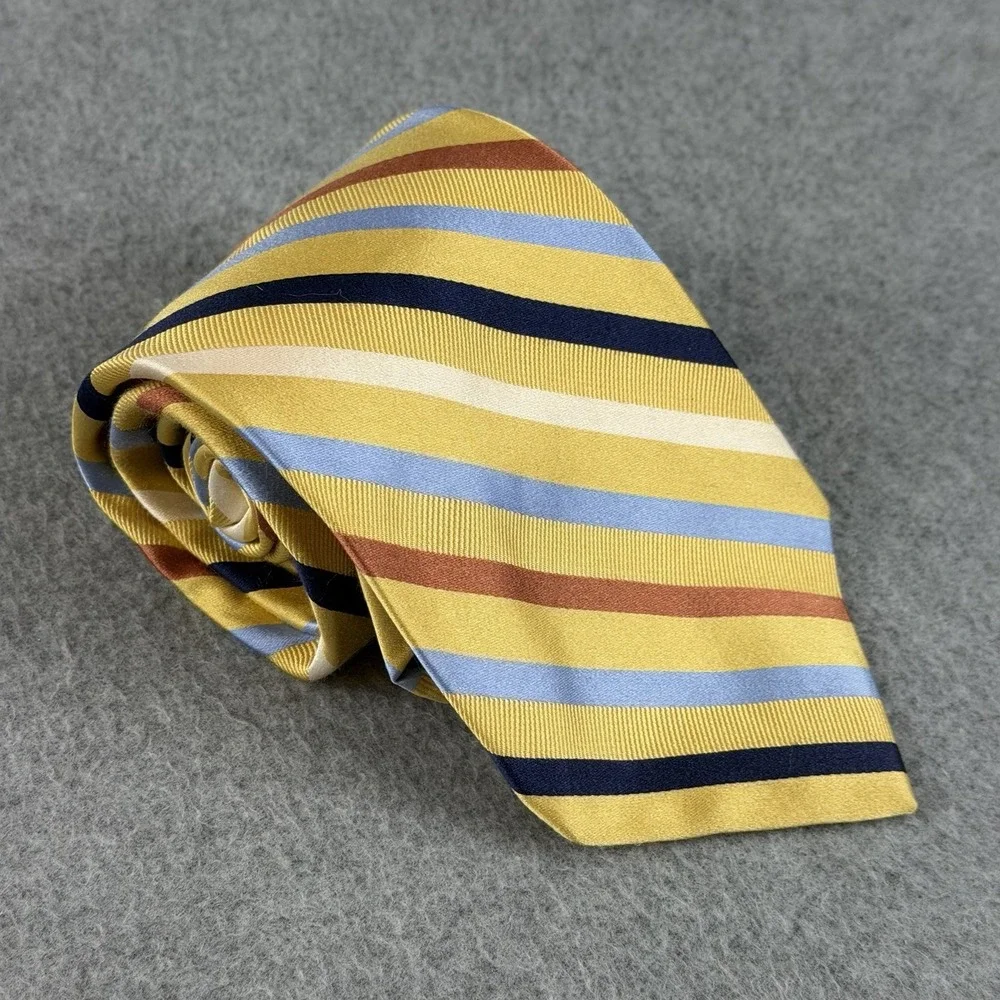 Vintage IZOD Silk Striped Necktie Yellow Blue Brown White Korea 58x3.75